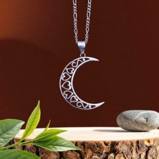 an image of a Sterling Silver Crescent Moon and Open Hearts Pendant
