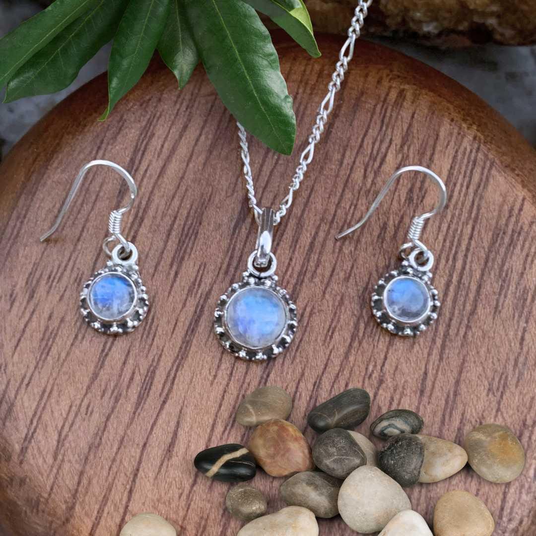 an image of a Rainbow Moonstone and Sterling Silver Pendant and Earrings Set