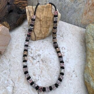 an image of a Square Leopard Skin Jasper and Black Onyx Beaded Necklace