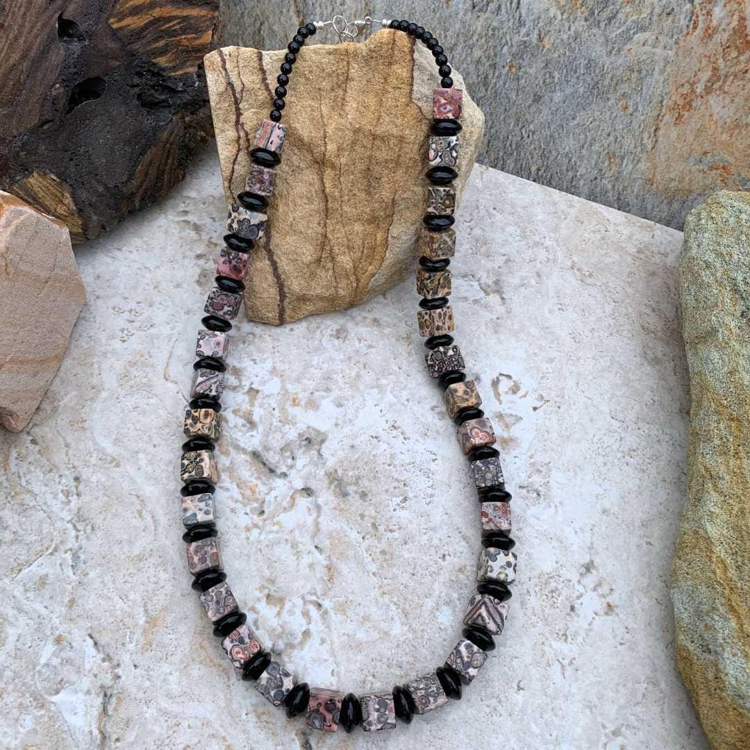 an image of a Square Leopard Skin Jasper and Black Onyx Beaded Necklace