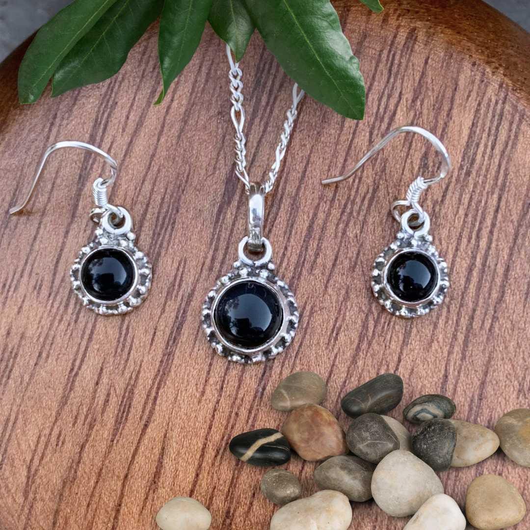 an image of a Dainty Sterling Silver and Black Onyx Pendant and Earrings Set