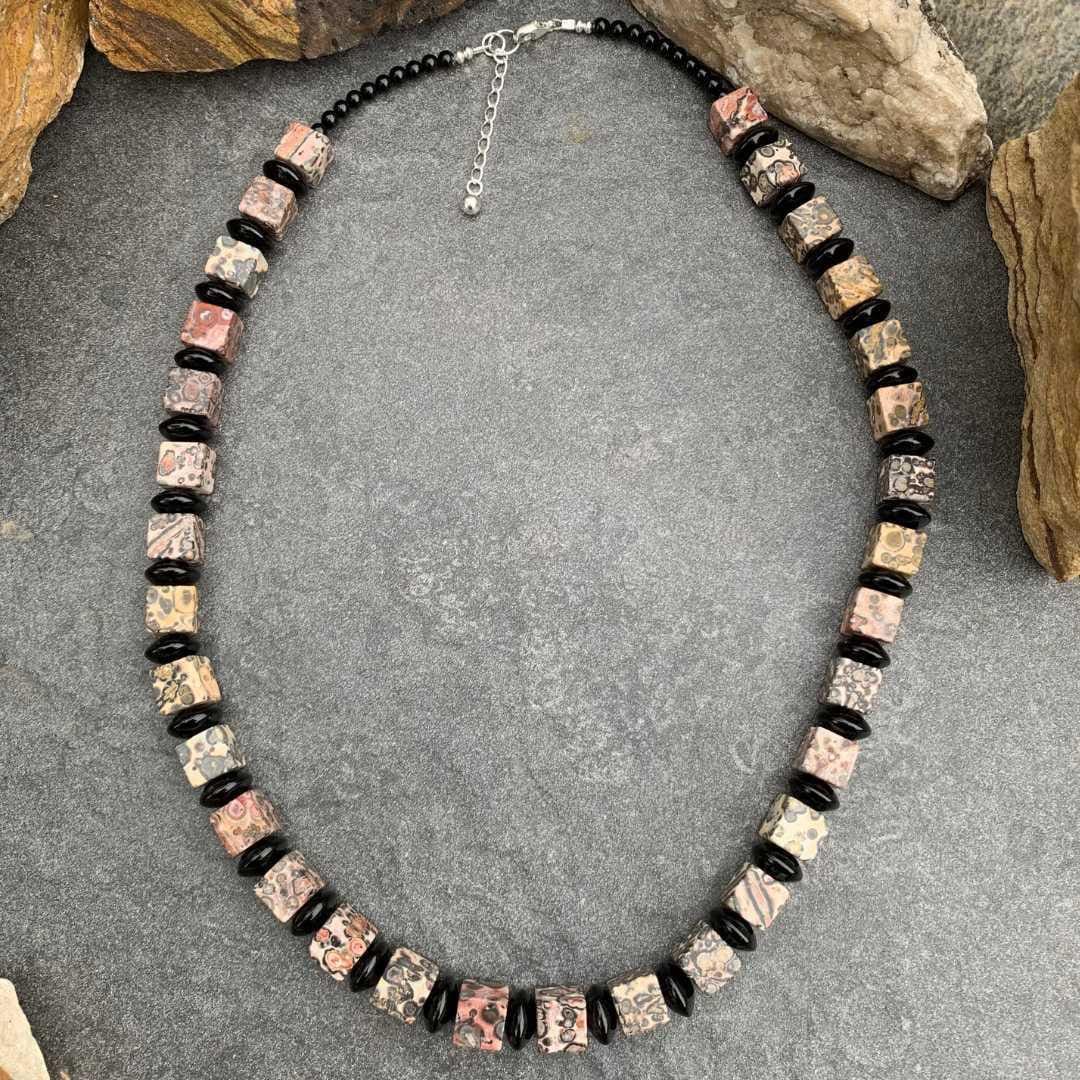 an image of a Square Leopard Skin Jasper and Black Onyx Beaded Necklace