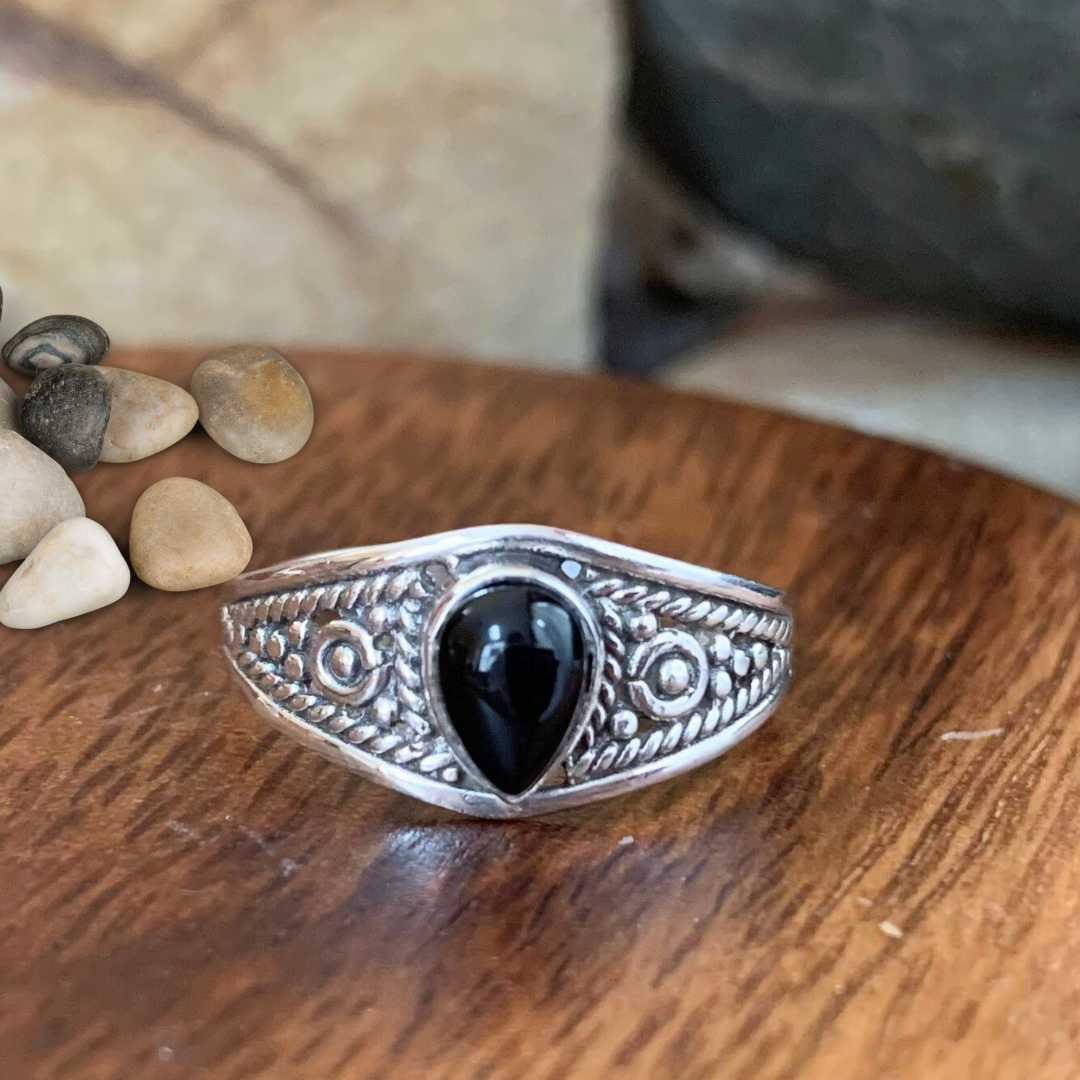 an image of a Teardrop Black Onyx and Sterling Silver Ring