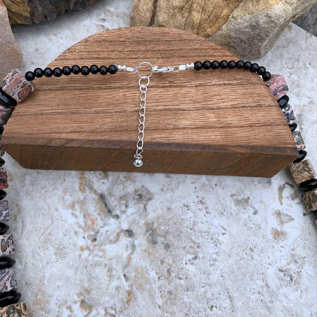 Square Leopard Skin Jasper and Black Onyx Beaded Necklace - Image 5