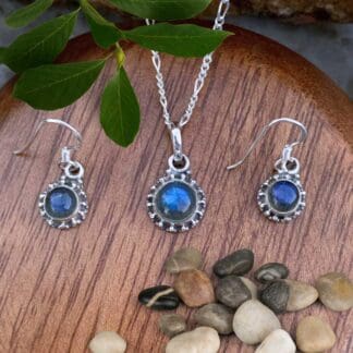 An image of a Dainty Sterling Silver and Labradorite Pendant and Earrings Set