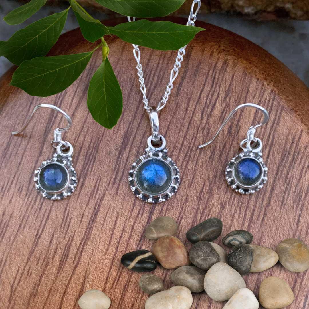 An image of a Dainty Sterling Silver and Labradorite Pendant and Earrings Set