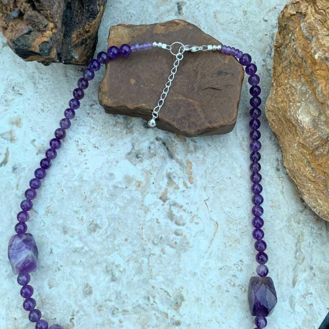an image of a Amethyst Beaded Statement Necklace showing the clasp