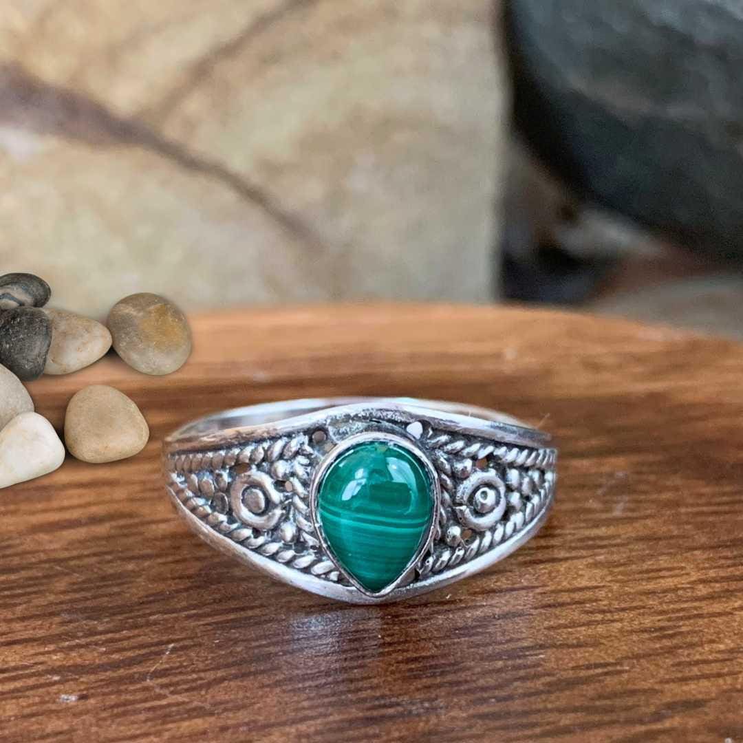 an image of a Teardrop Malachite and Sterling Silver Ring