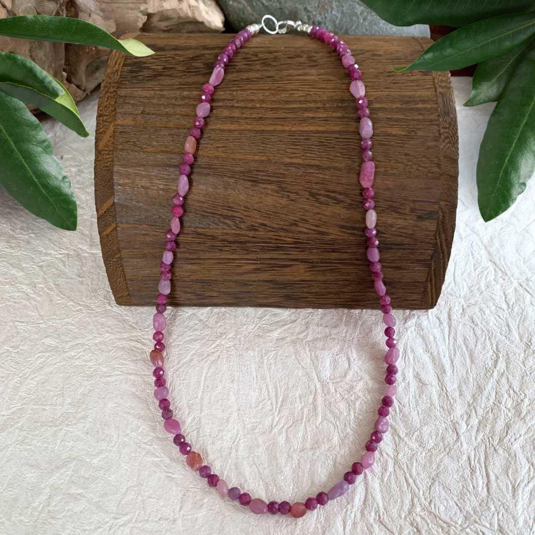 an image of a Dainty Ruby Beaded Necklace of ruby nuggets and 4 mm faceted rubies