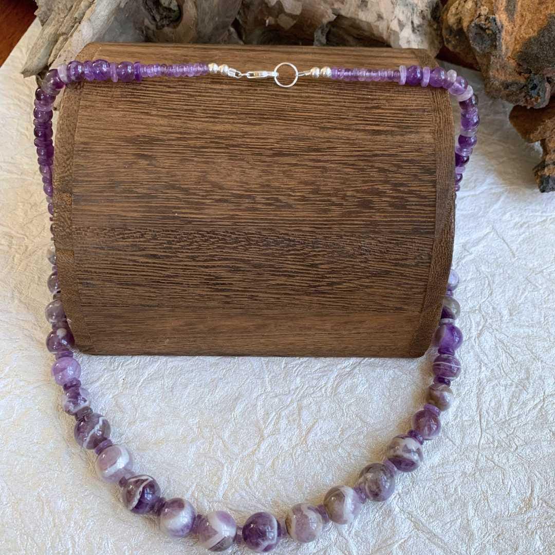 an image of a Amethyst and Chevron Amethyst Beaded Necklace showing the sterling silver clasp