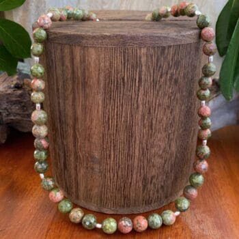 an image of a Faceted Unakite and Sterling Silver Beaded Necklace