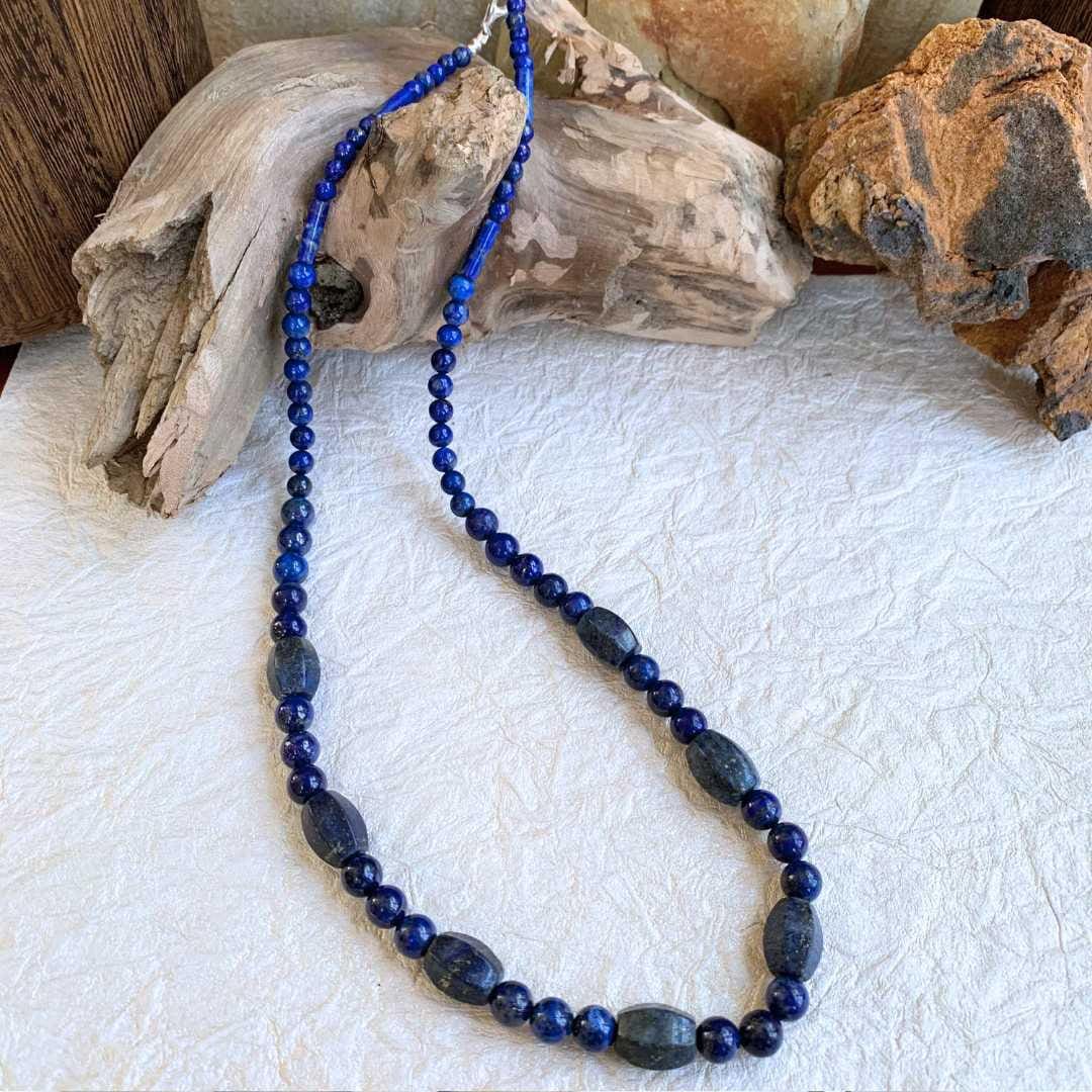 an image of a Lapis Lazuli Melon Barrel Mixed Bead Necklace that is 24.5 inches long