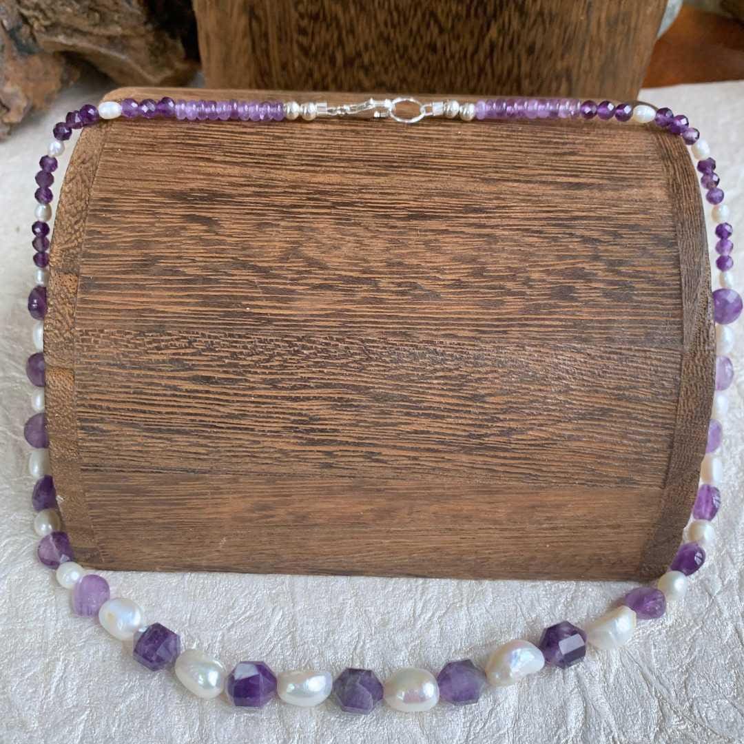 an image of an Amethyst and Pearls Beaded Necklace showing the sterling silver clasp