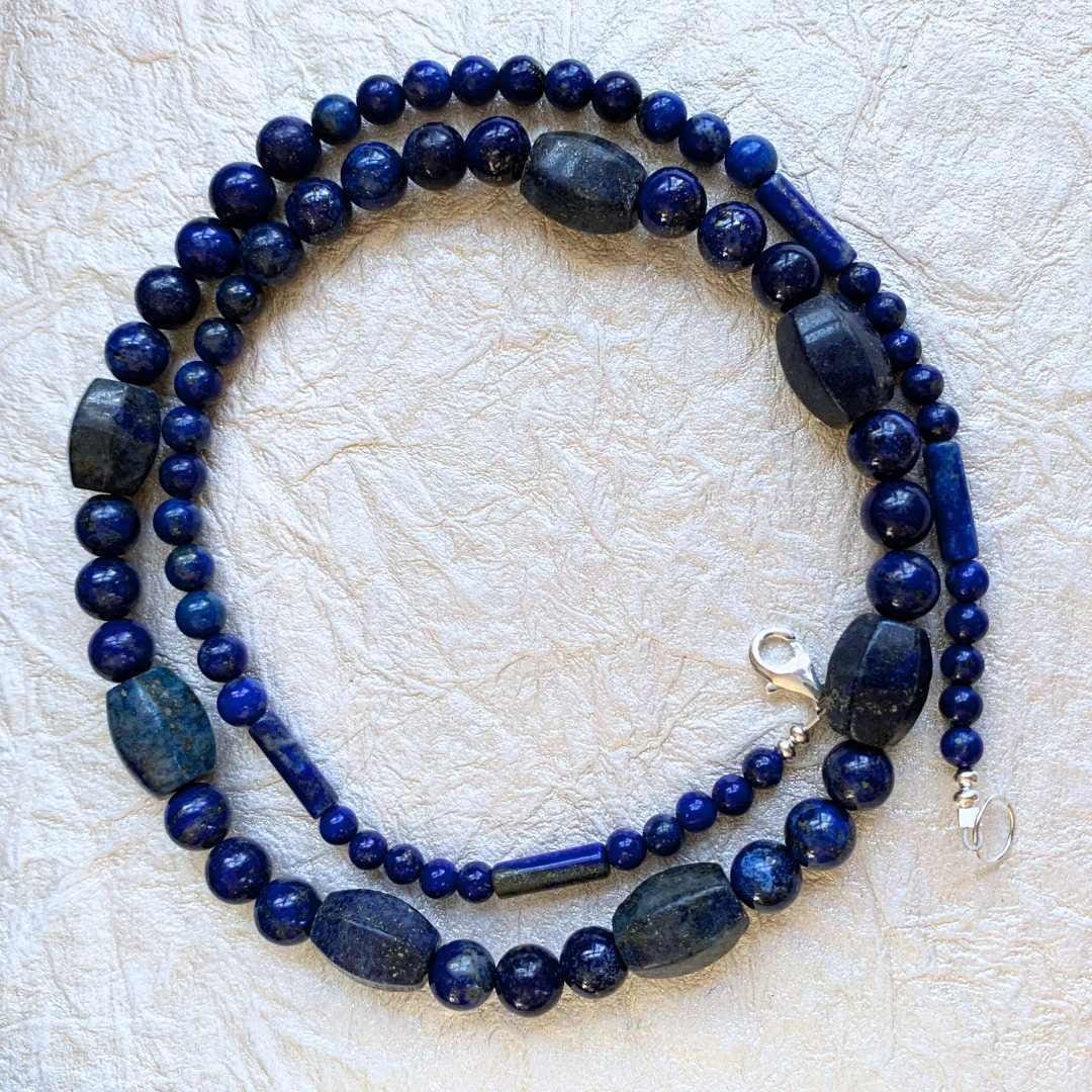 an image of a Lapis Lazuli Melon Barrel Mixed Bead Necklace that is 24.5 inches long