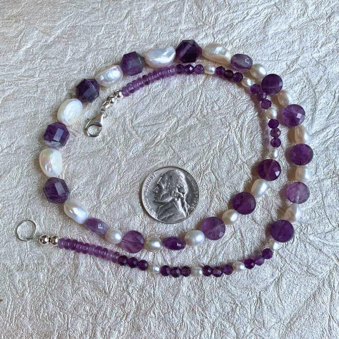 an image of an Amethyst and Pearls Beaded Necklace in a circle next to a nickel
