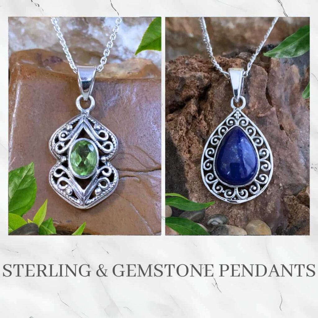 an image of a peridot and lapis lazuli pendant. Clicking this image takes you to all gemstone pendants