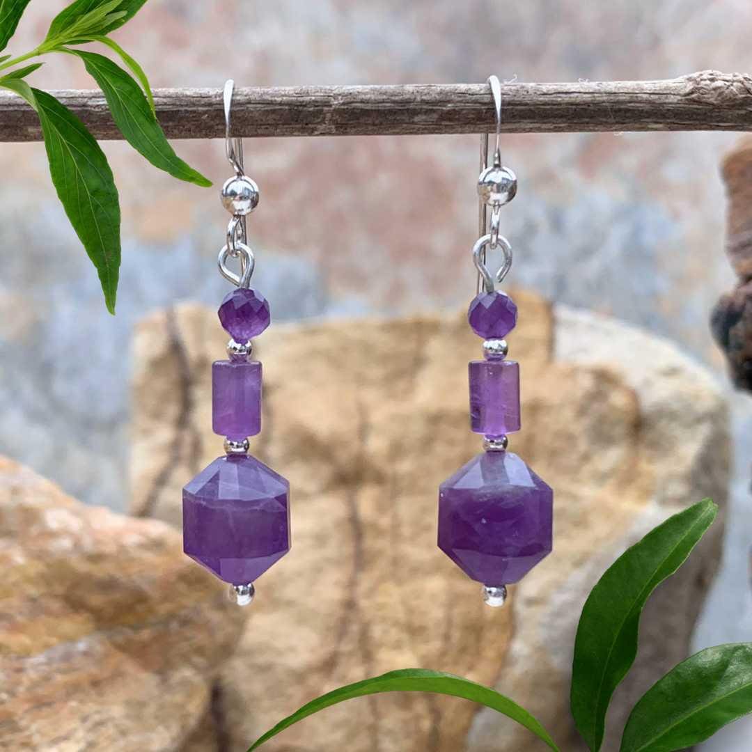 an image of a pair of Amethyst and Sterling Silver Mixed Beads Earrings