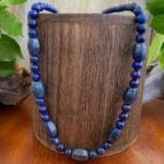 an image of a Lapis Lazuli Melon Barrel Mixed Bead Necklace that is 24.5 inches long