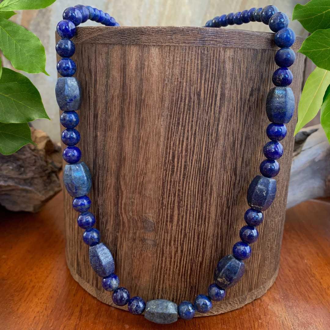 an image of a Lapis Lazuli Melon Barrel Mixed Bead Necklace that is 24.5 inches long
