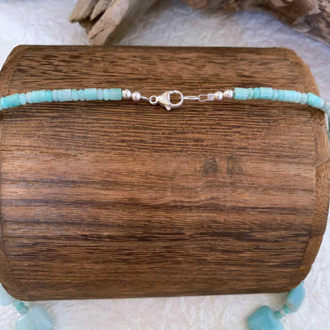 an image of a Square Amazonite Beaded Necklace showing the sterling silver clasp
