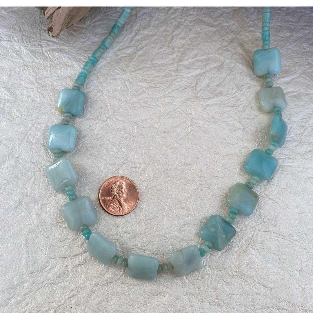an image of a Square Amazonite Beaded Necklace next to a penny
