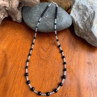 an image of a Black Onyx and Faceted Labradorite Beaded Necklace that is 20.5 inches long