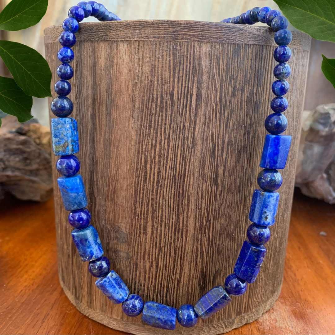 an image of a 21 inch long Natural Lapis Lazuli Tubes and Beads Necklace