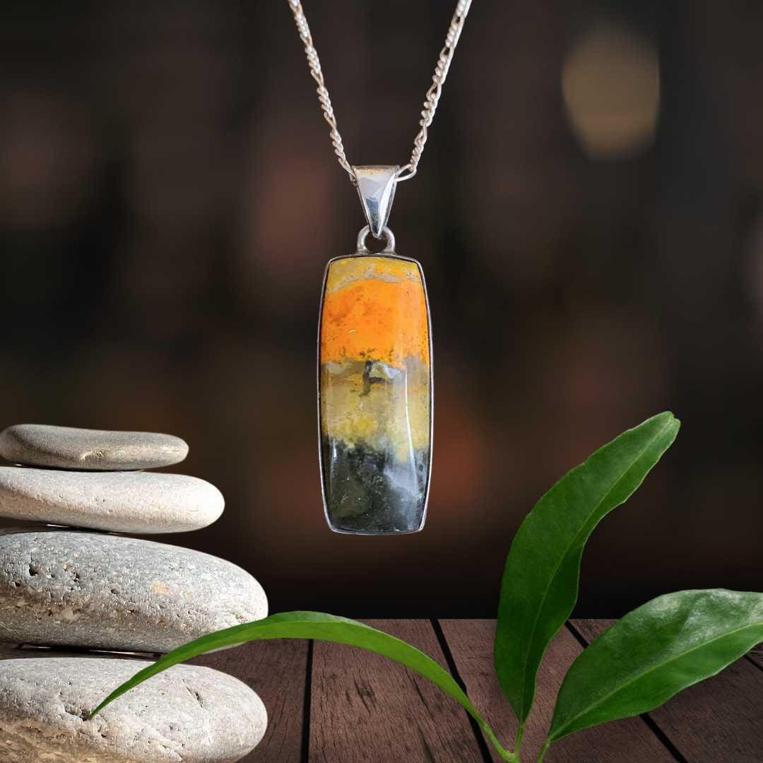 an image of a Narrow Rectangle Bumblebee Jasper and Sterling Silver Pendant