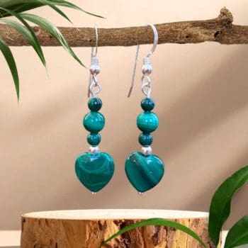 an image of a pair of Malachite Heart and Sterling Silver Beaded Earrings