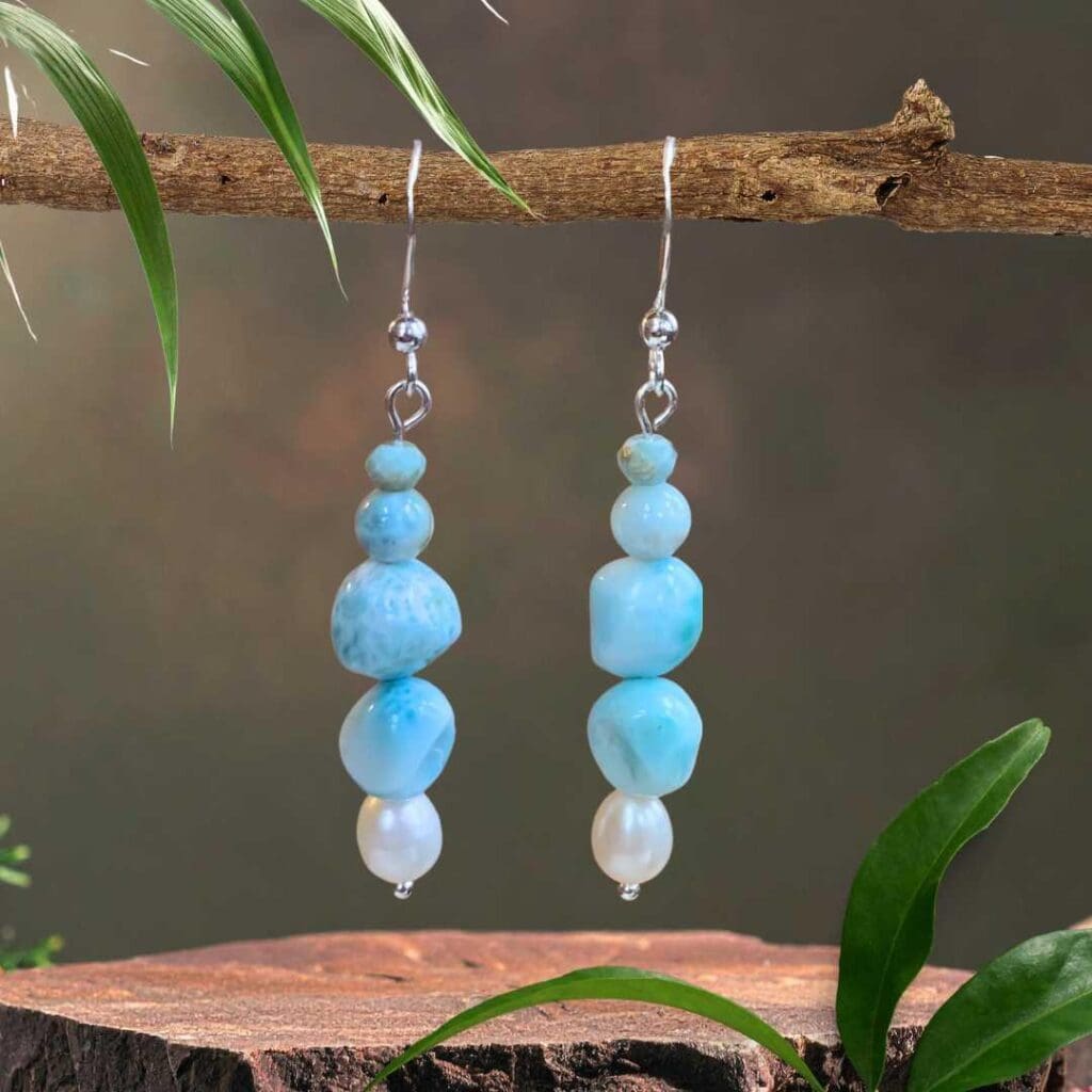 an image of a pair of Larimar and Pearl Beaded Dangle Earrings
