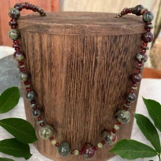an image of a Dragon Blood Jasper with Garnet and Peridot Beaded Necklace