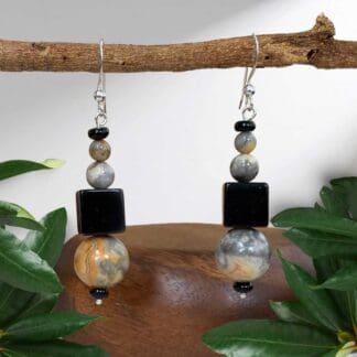 an image of a pair of Crazy Lace Agate and Black Onyx Earrings