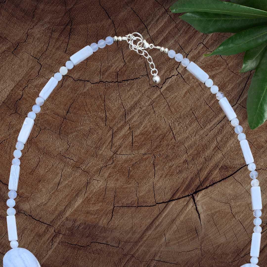 an image of a Blue Lace Agate Statement Necklace showing the sterling silver clasp