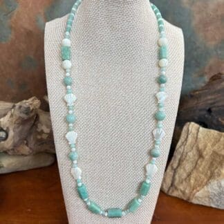 an image of a Mother of Pearl Seashell and Amazonite Necklace