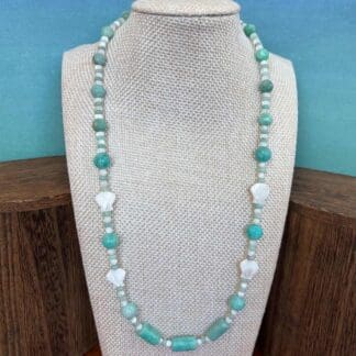 an image of a Mother of Pearl Seashell and Amazonite Necklace