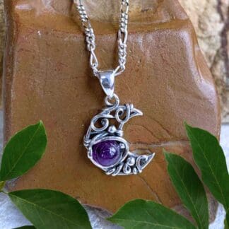 an image of a Dainty Sterling Silver Moon with Amethyst Pendant