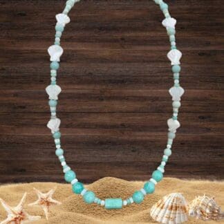 an image of a Mother of Pearl Seashell and Amazonite Necklace
