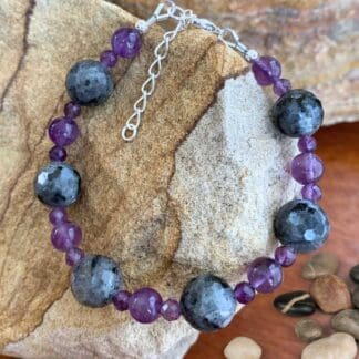 an image of a Larvikite and Amethyst Beaded Bracelet with sterling silver clasp