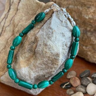 an image of a Malachite Tubes and Barrels Beaded Bracelet with sterling silver beads and lobster clasp