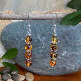 an image of a pair of Round Amber and Sterling Silver Beaded Earrings