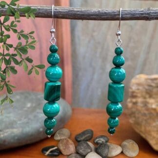 an image of a pair of Long Mixed Malachite Beaded Earrings with sterling silver hooks