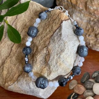 an image of a Hematite Buddhas with Rainbow Moonstone and Larvikite Bracelet