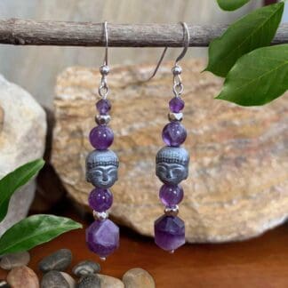an image of a pair of Beaded Amethyst and Grey Hematite Buddha Earrings