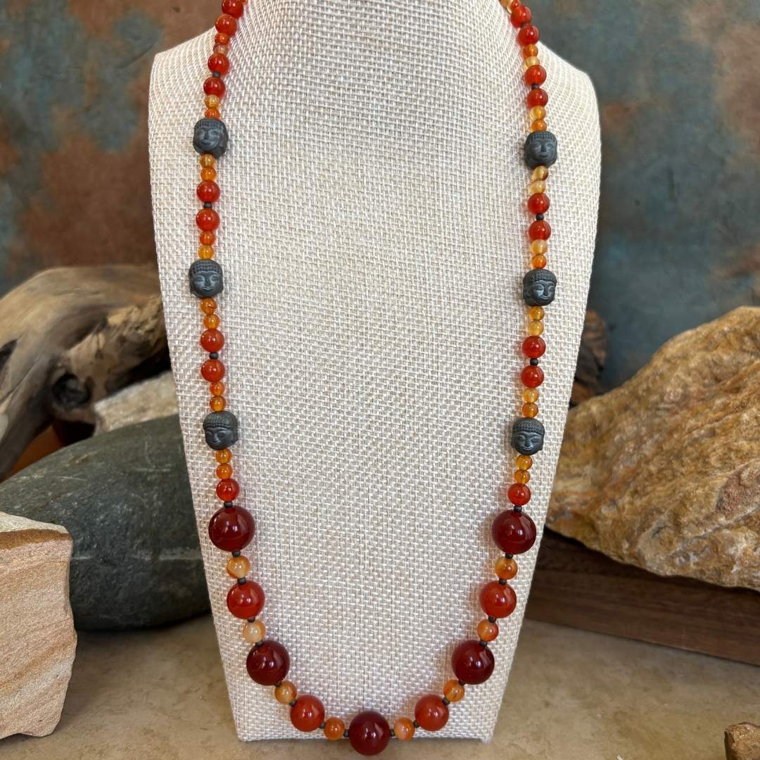 an image of a Beaded Carnelian and Hematite Buddha Necklace