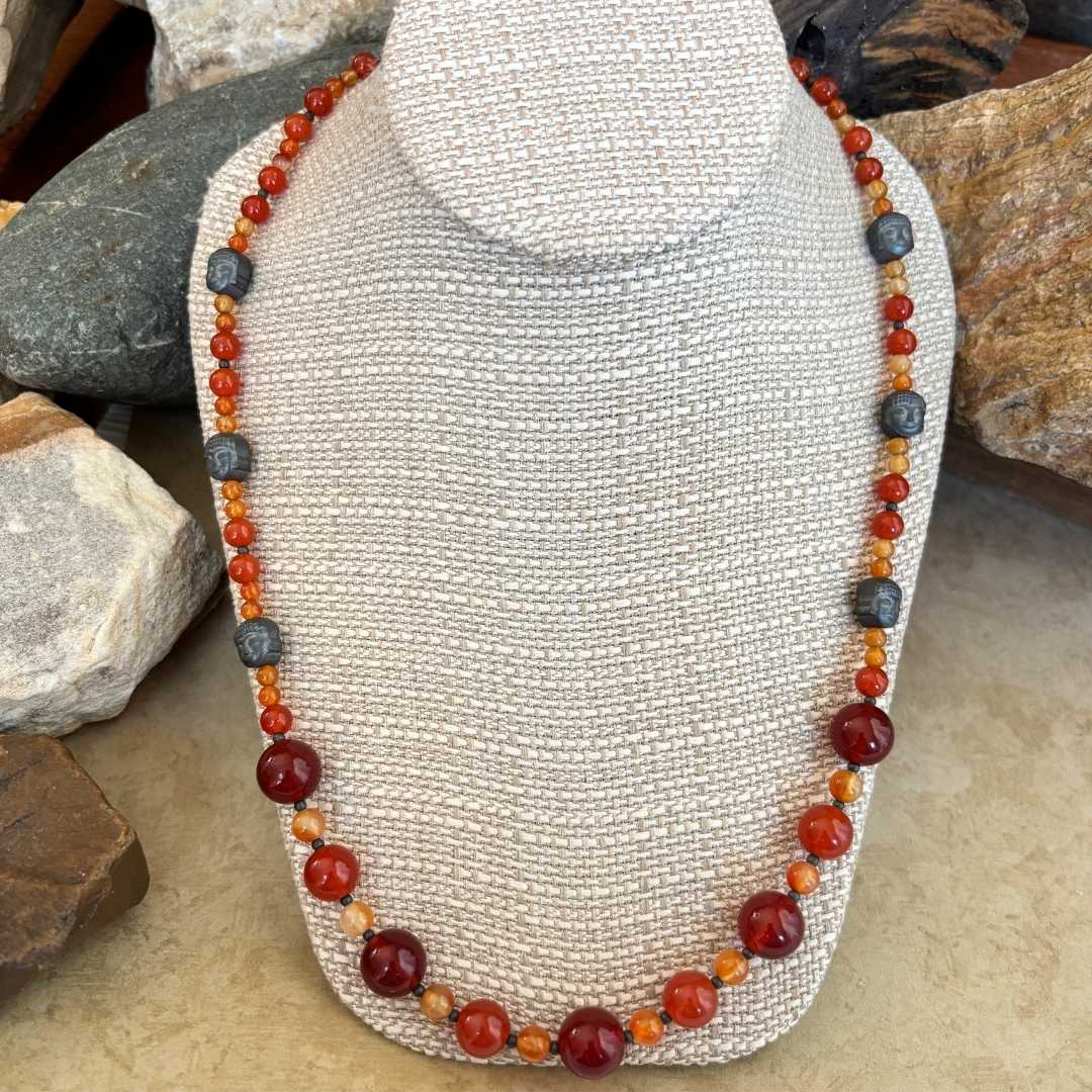 an image of a Beaded Carnelian and Hematite Buddha Necklace