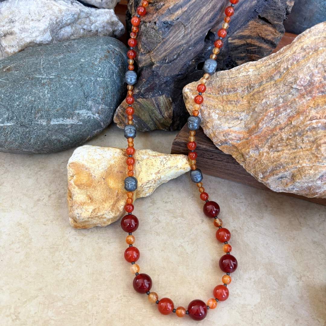 an image of a Beaded Carnelian and Hematite Buddha Necklace