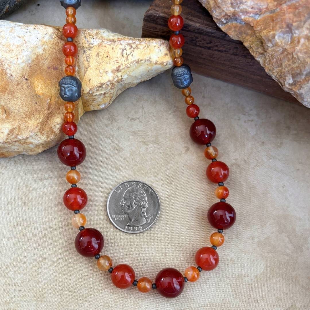 an image of a Beaded Carnelian and Hematite Buddha Necklace