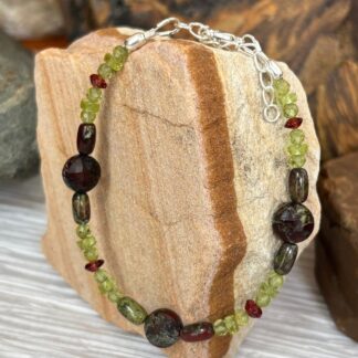 an image of a Dragon Blood Jasper with Peridot and Garnet Beaded Bracelet