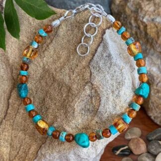 an image of a Mixed Amber and Turquoise Beaded Bracelet