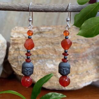 an image of a pair of Beaded Carnelian and Grey Hematite Buddha Earrings